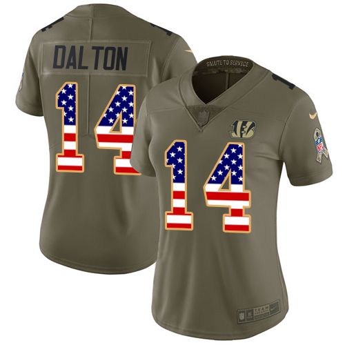 Nike Bengals #14 Andy Dalton Olive/USA Flag Women's Stitched NFL Limited Salute to Service Jersey